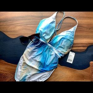 NWT BCBGMaxAzria Blue/White Watercolor Monokini